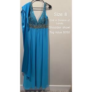 Cire A Division Of Landa Women's Sz 8 Blue Dress W/ Rhinestones W/Shoulder Shawl